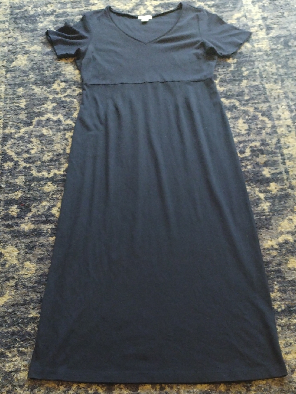 Eddie Bauer Black V-Neck Short Sleeve Maxi Dress with Empire Seam 100% Cotton